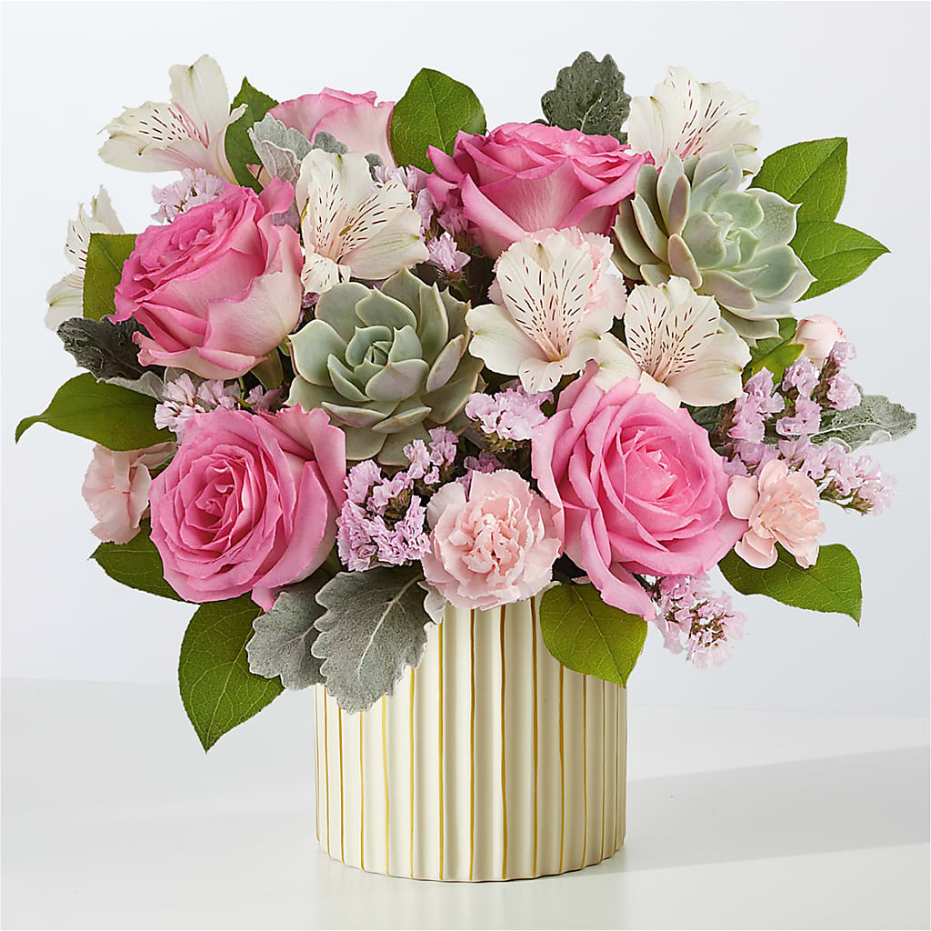 Dusty Rose Bouquet with Ivory Vase – Flowers By Mayra Inc, Freeport NY
