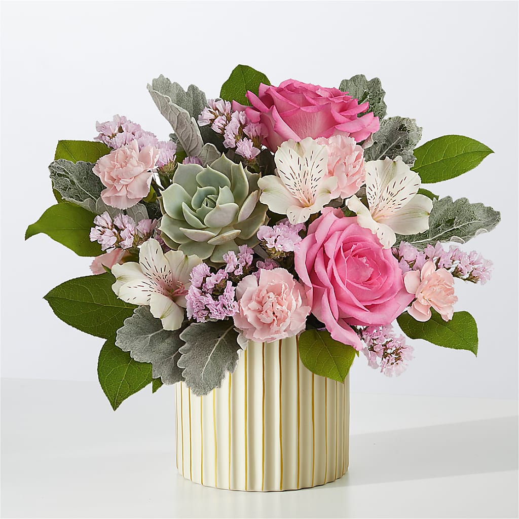 Dusty Rose Bouquet with Ivory Vase – Flowers By Mayra Inc, Freeport NY