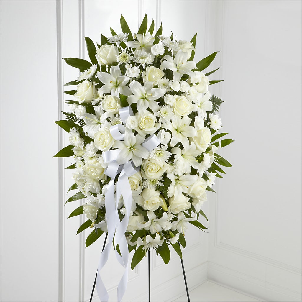 Exquisite Tribute Standing Spray-White Ribbon – Flowers By Mayra Inc, Freeport NY