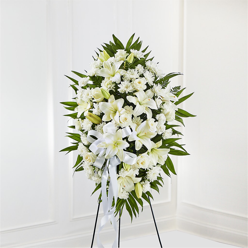 Exquisite Tribute Standing Spray-White Ribbon – Flowers By Mayra Inc, Freeport NY