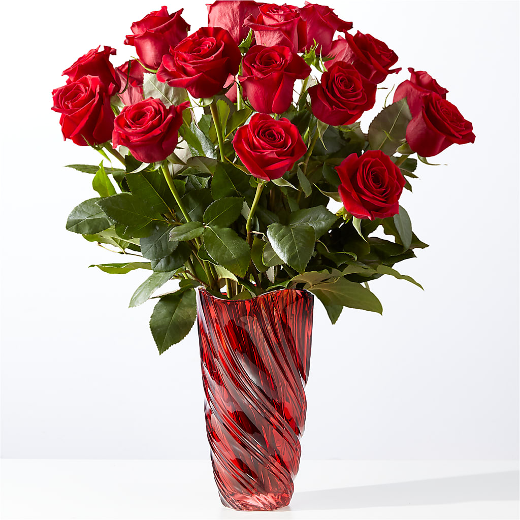Classic Love Red Rose Bouquet with Luxe Swirl Vase – Flowers By Mayra Inc, Freeport NY