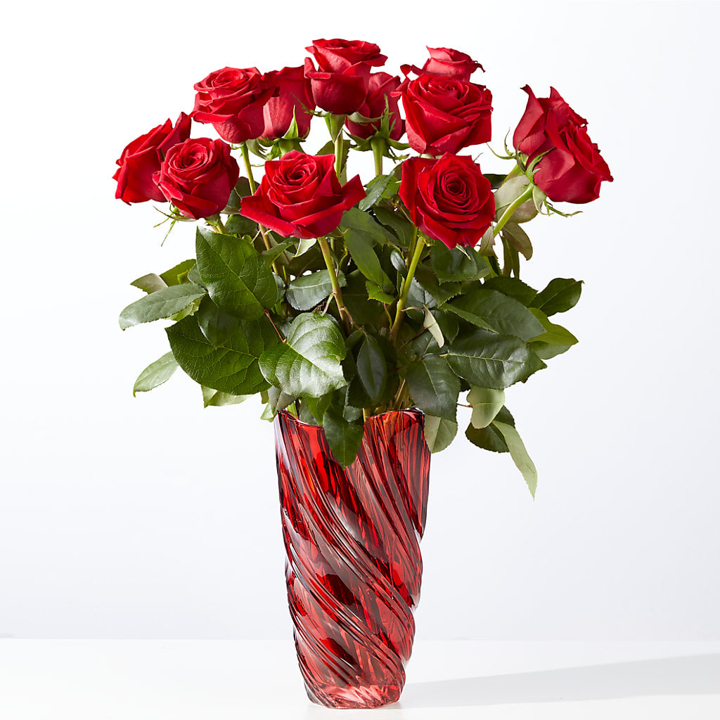 Classic Love Red Rose Bouquet with Luxe Swirl Vase – Flowers By Mayra Inc, Freeport NY