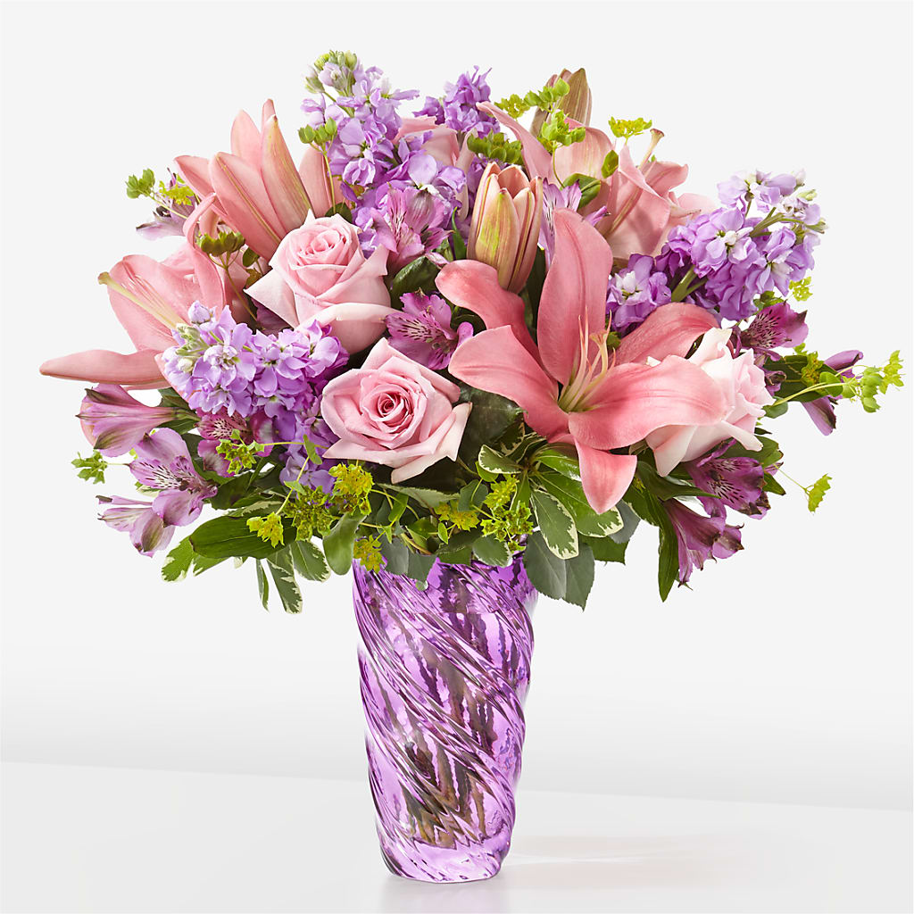Precious Petals Bouquet with Luxe Swirl Vase – Flowers By Mayra Inc, Freeport NY